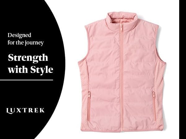Women's Weighted Vest Review 2026: The Stylish Way to Boost Your Daily Walks A woman wearing a dusty rose, quilted, weighted vest over a casual outfit, walking outdoors on a path surrounded by greenery, smiling and looking energized.