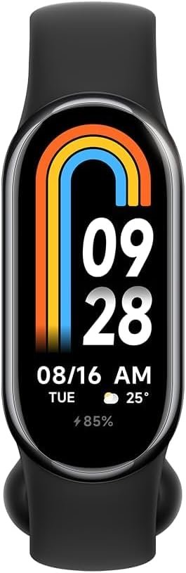 A close-up of the Xiaomi Smart Band 8 on a wrist, displaying its vibrant AMOLED screen with a fitness tracking interface, set against a clean, natural background.