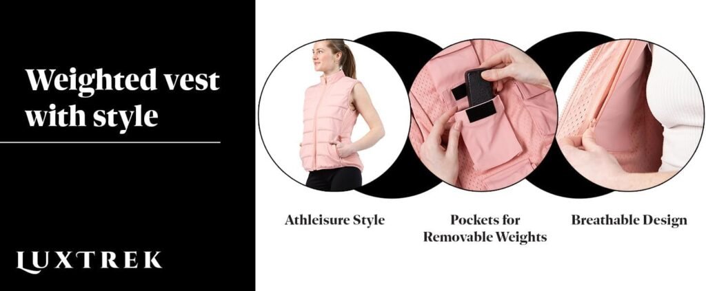 Women's Weighted Vest Review 2026: The Stylish Way to Boost Your Daily Walks A woman wearing a dusty rose, quilted, weighted vest over a casual outfit, walking outdoors on a path surrounded by greenery, smiling and looking energized.