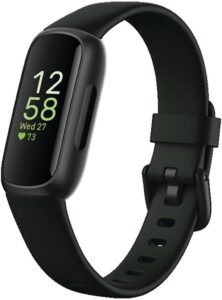A close-up of the Fitbit Inspire 3 fitness tracker on a wrist, displaying the sleep score screen, with a soft background highlighting its sleek, lightweight design.