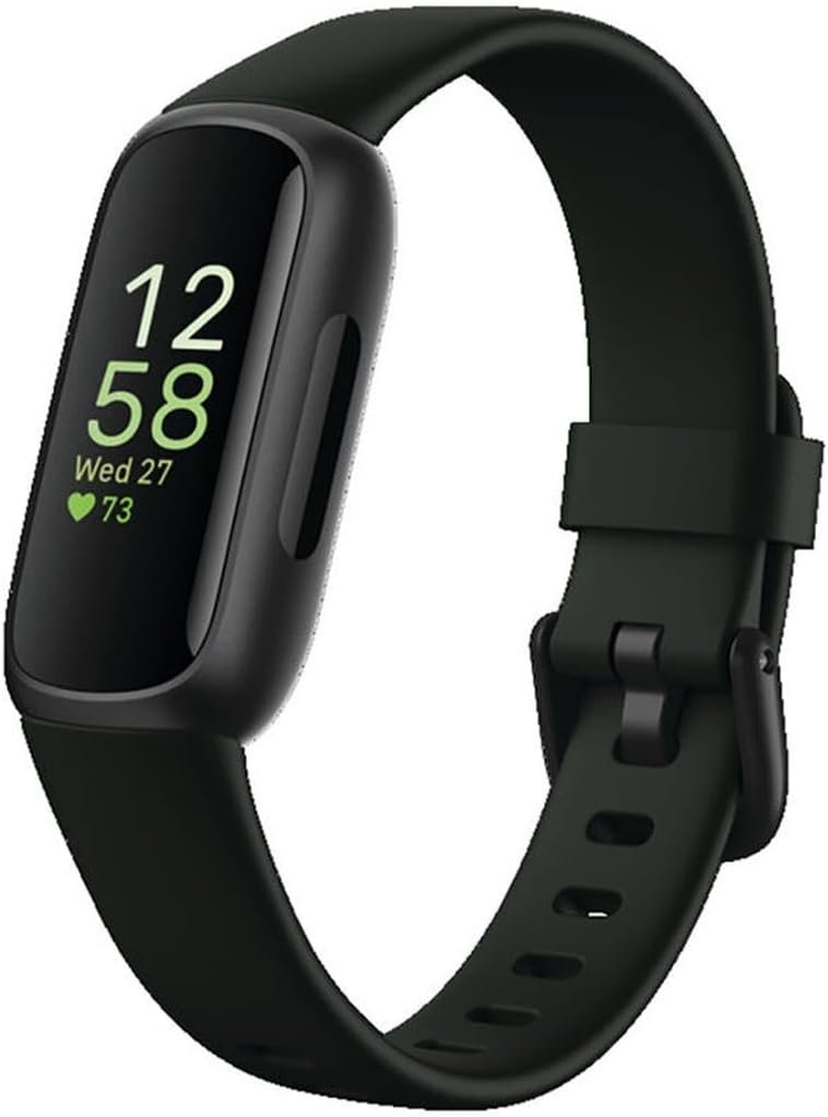 A close-up of the Fitbit Inspire 3 fitness tracker on a wrist, displaying the sleep score screen, with a soft background highlighting its sleek, lightweight design.