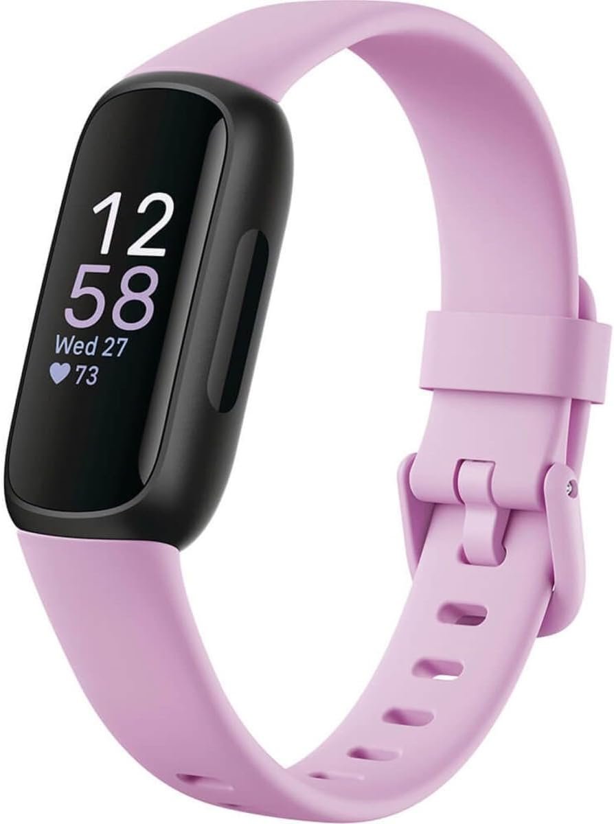 A close-up of the Fitbit Inspire 3 fitness tracker on a wrist, displaying the sleep score screen, with a soft background highlighting its sleek, lightweight design.