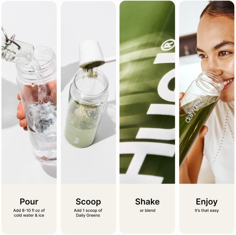 A glass of vibrant green Huel Daily Greens is next to the original bag and a clear Huel bottle, with fresh apples and mint leaves in the background.