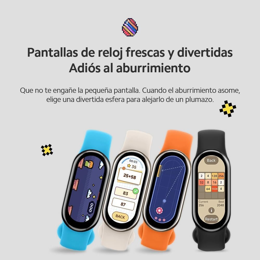 A close-up of the Xiaomi Smart Band 8 on a wrist, displaying its vibrant AMOLED screen with a fitness tracking interface, set against a clean, natural background.