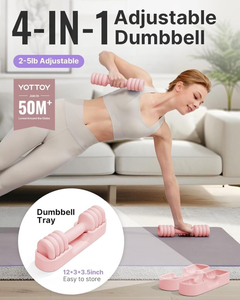 YOTTOY Adjustable Dumbbell Set of 2, 4-in-1 Hand Weights for Women at Home, Compact Free Weights Dumbbells Set with Soft Grip and Base, 2-5 lbs Each for Home Gym