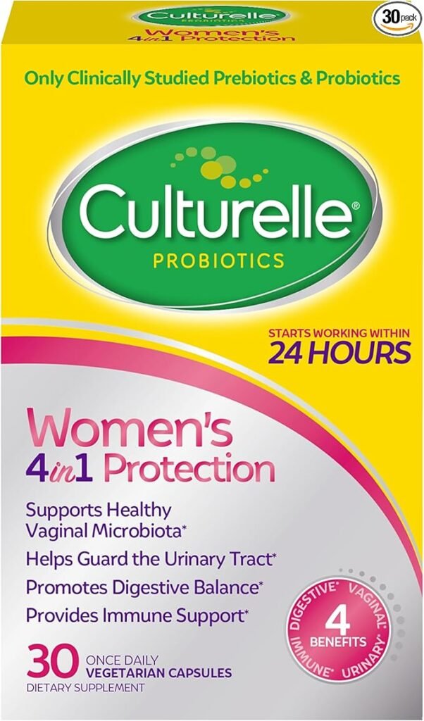 Culturelle 4-in-1 Probiotics for Women, Daily Probiotic & Prebiotic Supplement to Support Vaginal Health, Digestive Health, Immune Health, Occasional Diarrhea, Gas & Bloating Relief, Non-GMO, 30 Count
