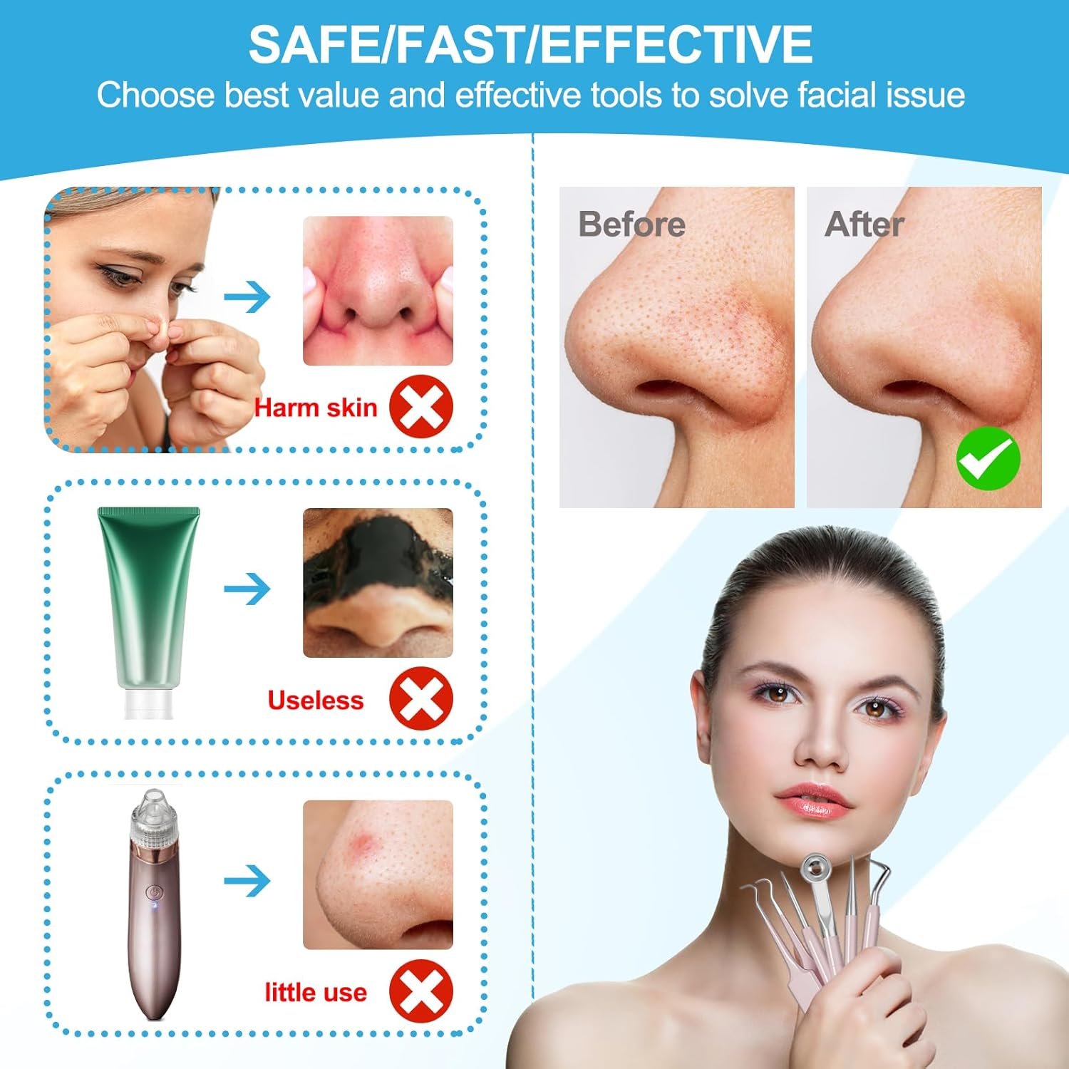 A 5-piece pink stainless steel blackhead remover tool kit, including various loop tools, sharp needles, and tweezers, all next to a small portable case, was laid out on a clean white surface.