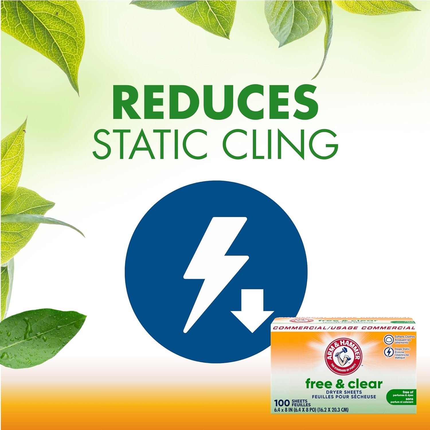 A box of Arm & Hammer Free & Clear Dryer Sheets open on a clean laundry counter, with a single sheet draped over freshly folded white towels.
