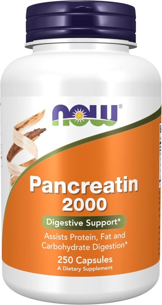 NOW Foods Supplements, Pancreatin 2000 with naturally occurring Protease (Protein Digesting), Amylase (Carbohydrate Digesting), and Lipase (Fat Digesting) Enzymes, 250 Capsules
