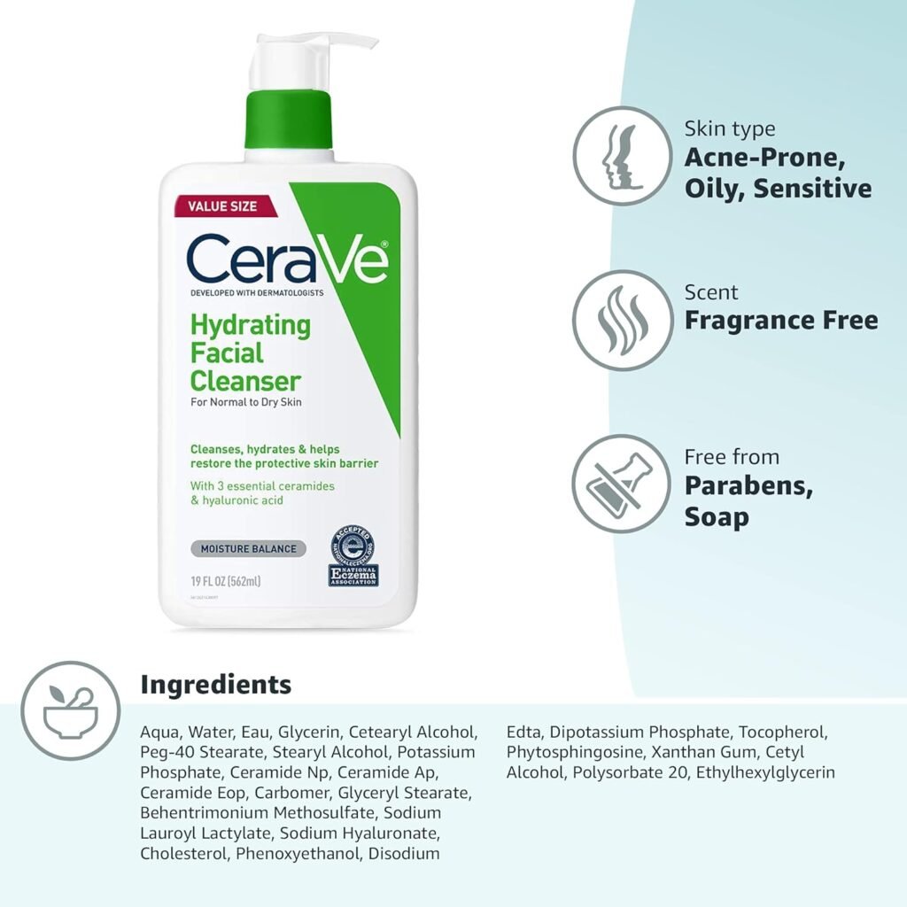 CeraVe hydrating facial cleanser with ceramides and hyaluronic acid for normal to dry skin
