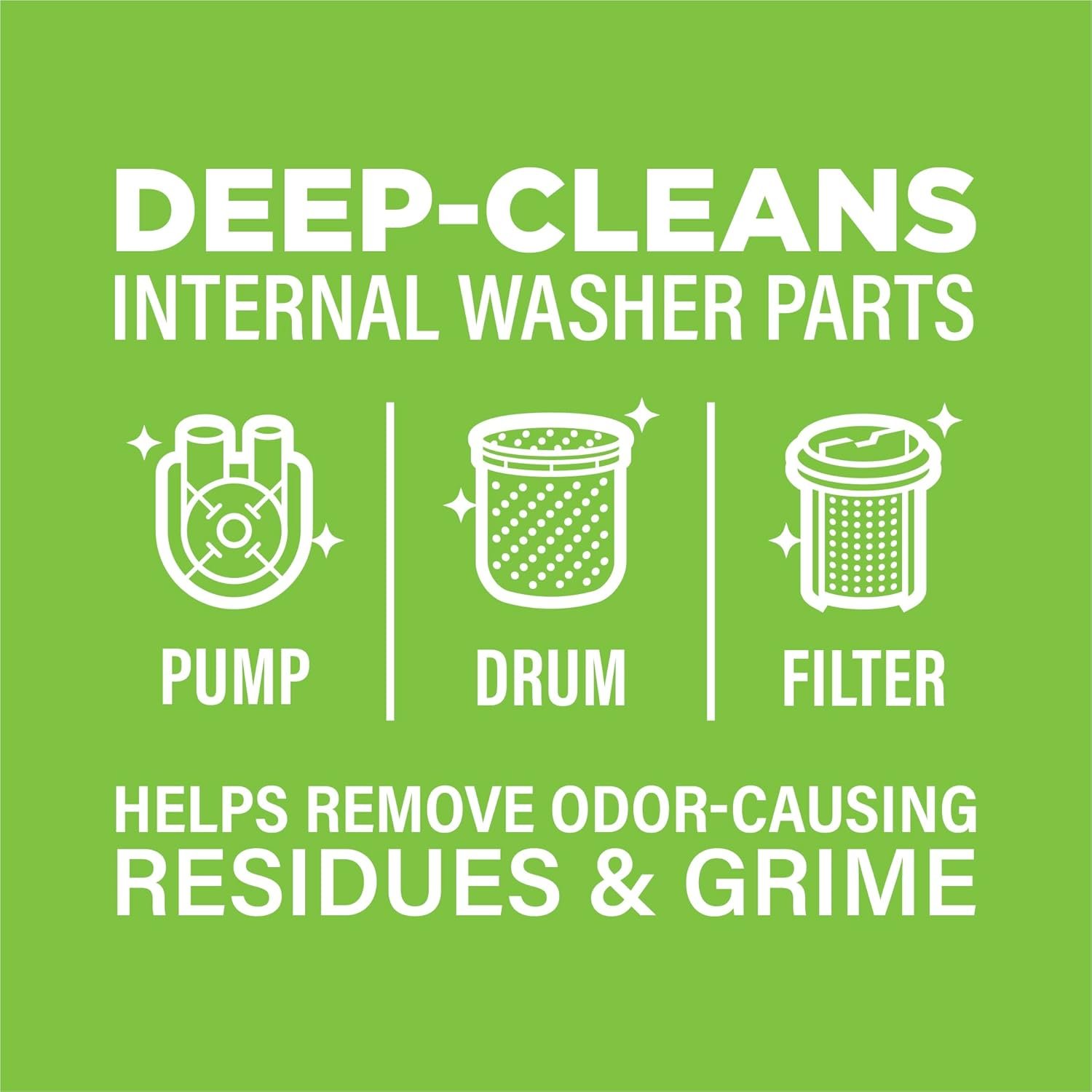 A hand holding an Affresh washing machine cleaner tablet above an open front-loading washer drum, with a clean, bright laundry room in the background.