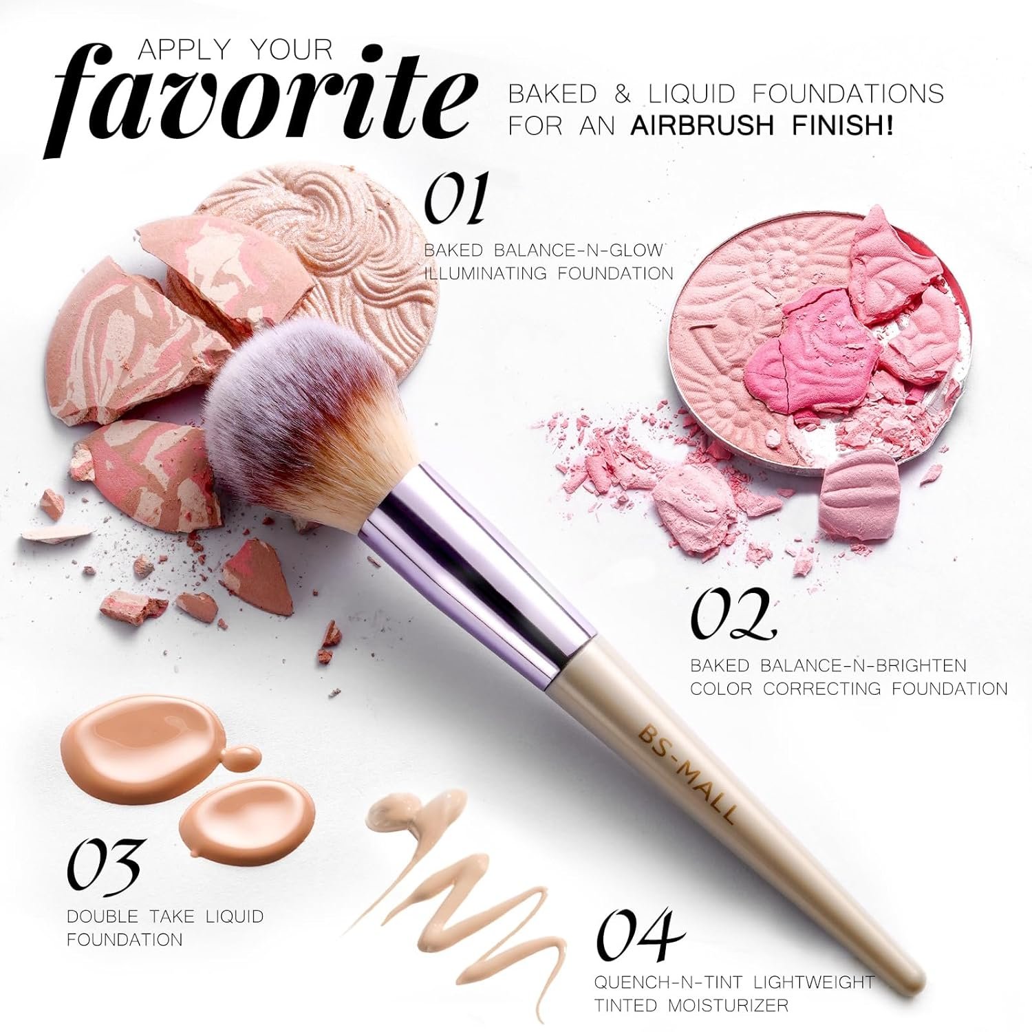 A complete set of BS-MALL pink makeup brushes is laid out on a white marble surface, showcasing the variety of foundation, eyeshadow, and blending brushes included in the kit.