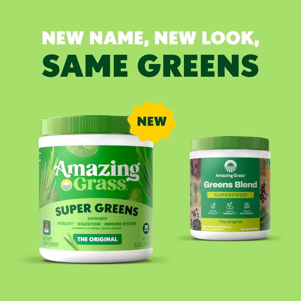 Amazing Grass Greens Blend Review 2026: The OG Greens Powder That Still Delivers? A glass of vibrant green Amazing Grass Green Superfood drink is next to the green bag, with fresh spinach, kale, and an apple in the background, emphasizing the natural ingredients.