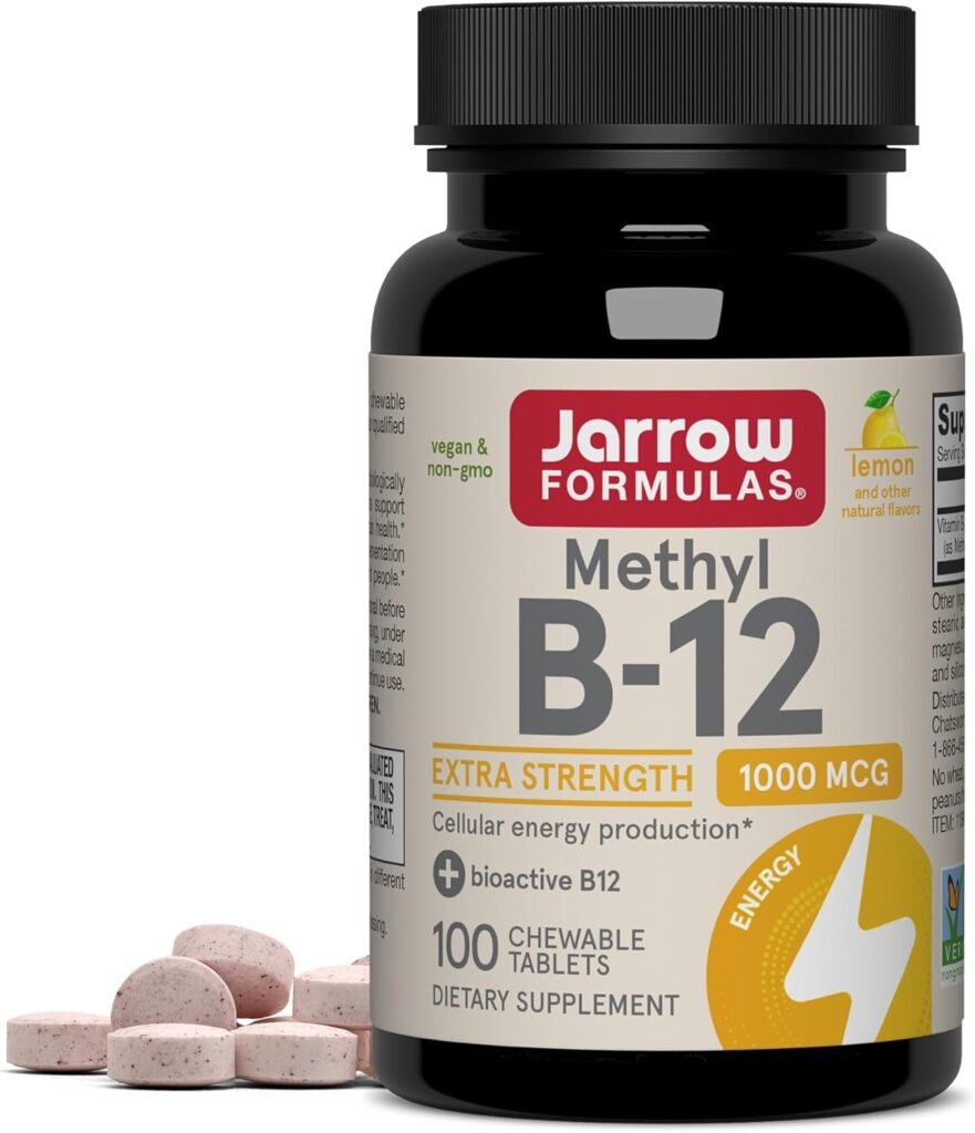 Jarrow Formulas Methyl Vitamin B-12 1000 mcg, 100 Chewable Tablets, Lemon Flavored- Bioactive B12 Vitamin - Supports Cellular Energy Production, Brain Health & Metabolism - 100 Servings
