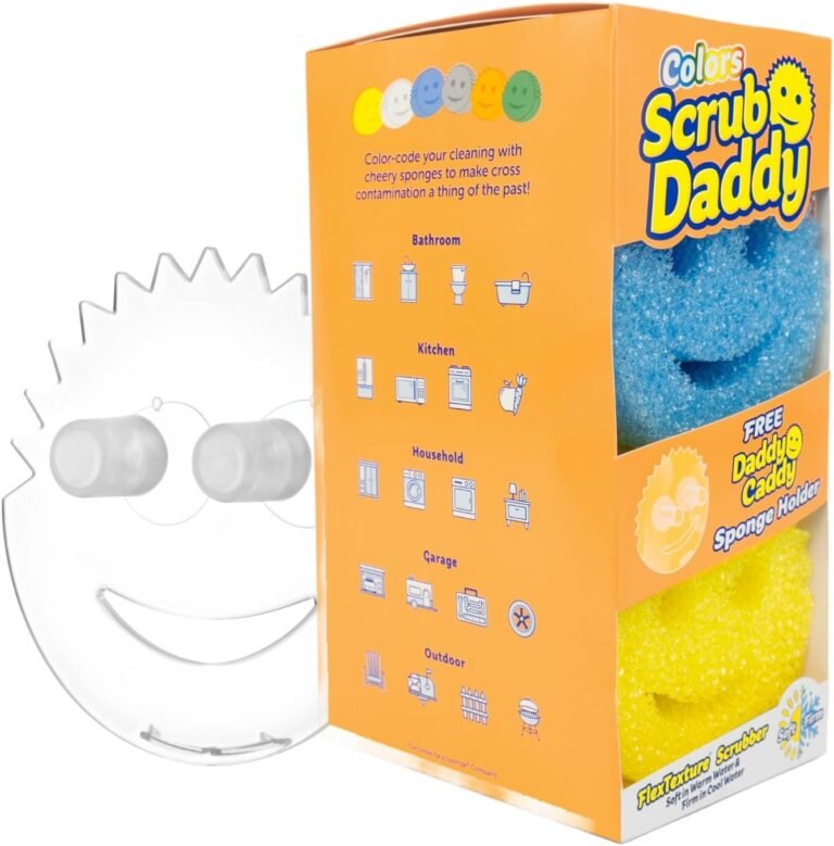 Scrub Daddy 6 Kitchen Sponges with Caddy – Colorful, Durable & Multipurpose Cleaning A colorful set of Scrub Daddy sponges (orange, green, and pink) in a clear Daddy Caddy by a kitchen sink, with one sponge being rinsed under running water.