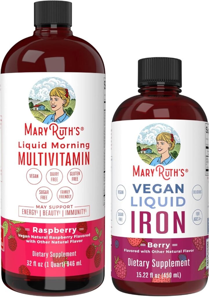 MaryRuth's Liquid Morning Multivitamin Raspberry (32oz) & Iron Liquid Supplement (Berry) | Clean Label Project Verified® | Vegan, Non-GMO, Sugar-Free | Energy, Beauty & Overall Health
