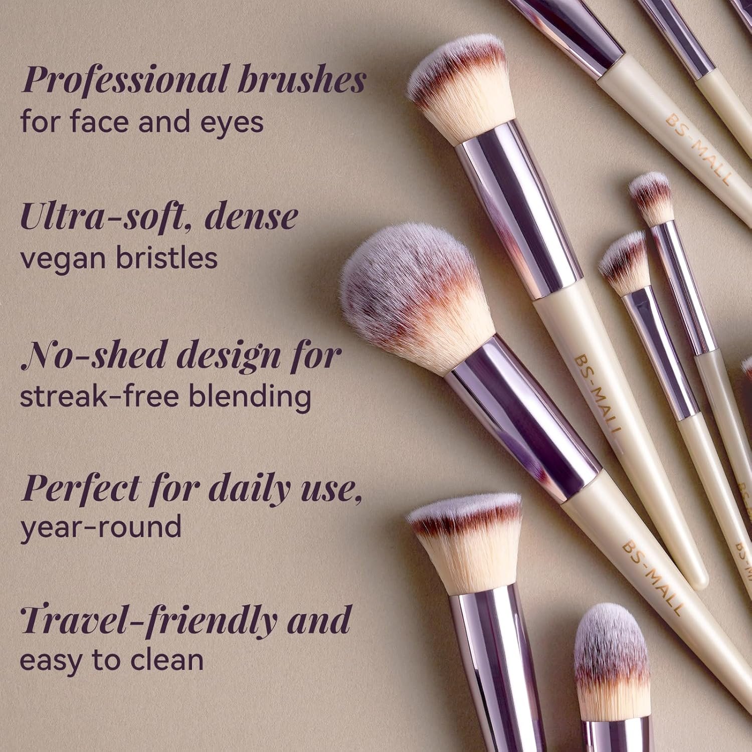 A complete set of BS-MALL pink makeup brushes is laid out on a white marble surface, showcasing the variety of foundation, eyeshadow, and blending brushes included in the kit.