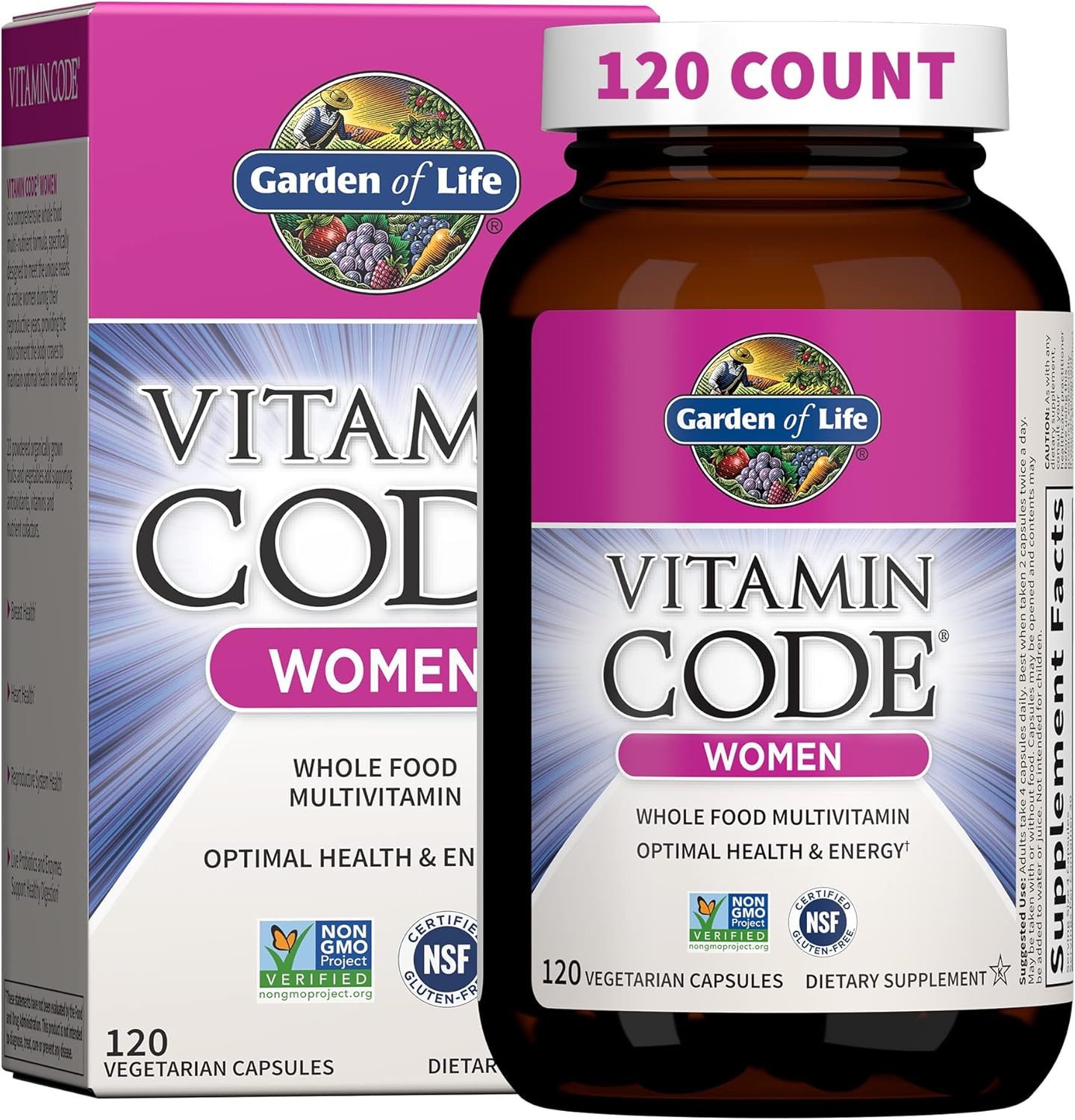 A bottle of Garden of Life Vitamin Code Women multivitamin capsules placed next to fresh organic fruits and vegetables like spinach, berries, and apples on a wooden surface.