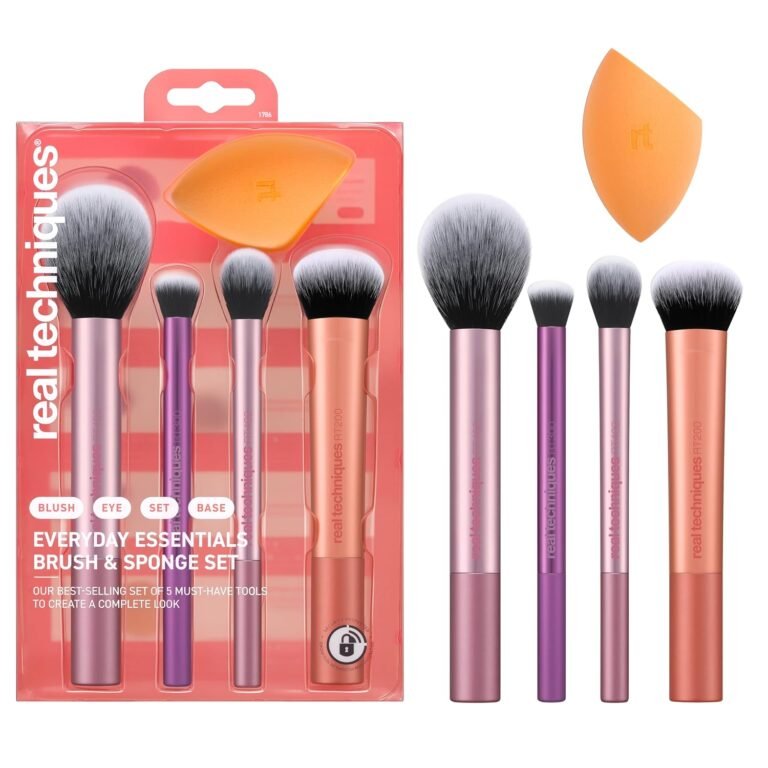 Real Techniques 5 Piece Everyday Essentials Makeup Brush Set Review 2026: Is This the Perfect Starter Kit? The Real Techniques A 5-piece Everyday Essentials makeup brush set laid flat, featuring four makeup brushes and one orange Miracle Complexion Sponge on a clean white background.