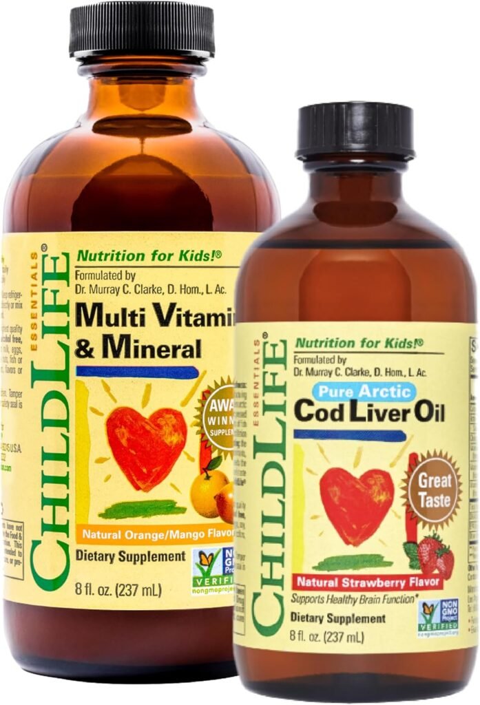 CHILDLIFE ESSENTIALS Kids Multivitamin & Mineral + Cod Liver Oil - Liquid Vitamins for Baby, Kids, & Toddlers, Arctic Cod Liver Oil, Added DHA, EPA, Omega-3 Fatty Acids, Non-GMO, Gluten Free - 2-Pack
