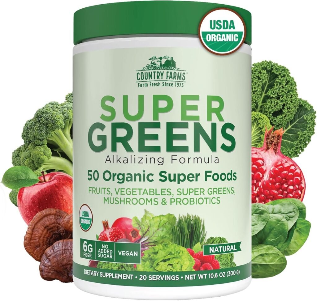 Country Farms Organic Super Greens Natural Flavor, 50 Organic Super Foods, Packed with Fiber, USDA Organic Drink Mix, Fruits, Vegetables, Mushrooms & Probiotics, Supports Energy, 6g Fiber