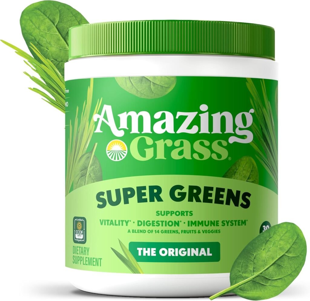 Amazing Grass Greens Blend Review 2026: The OG Greens Powder That Still Delivers? A glass of vibrant green Amazing Grass Green Superfood drink is next to the green bag, with fresh spinach, kale, and an apple in the background, emphasizing the natural ingredients.