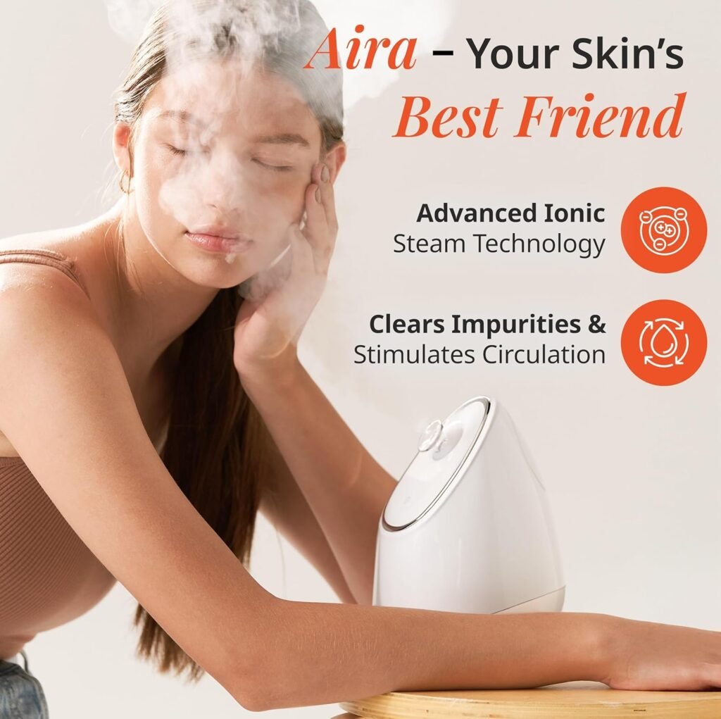 Best Facial Steamer for Deep Cleaning (At-Home Spa Guide 2026) A soft-beige Vanity Planet Aira Ionic Facial Steamer on a clean countertop, with a gentle mist rising from the adjustable nozzle, surrounded by a towel and skincare products.