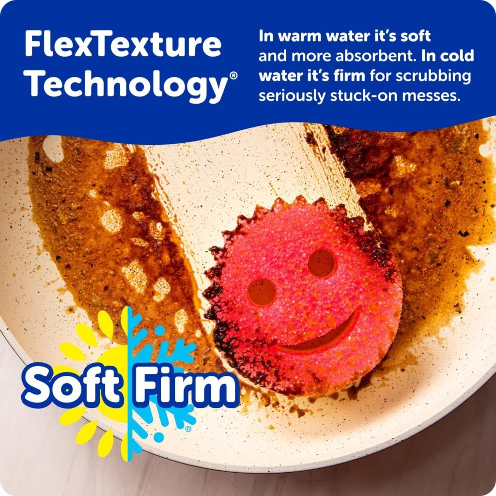 A colorful set of Scrub Daddy sponges (orange, green, and pink) in a clear Daddy Caddy by a kitchen sink, with one sponge being rinsed under running water.