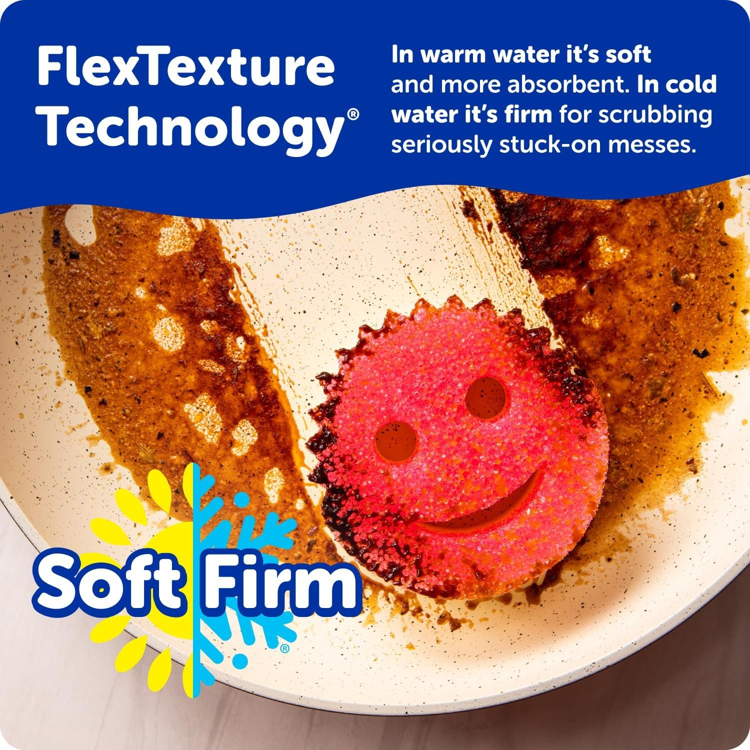 A colorful set of Scrub Daddy sponges (orange, green, pink) in a clear Daddy Caddy by a kitchen sink, with one sponge being rinsed under running water.