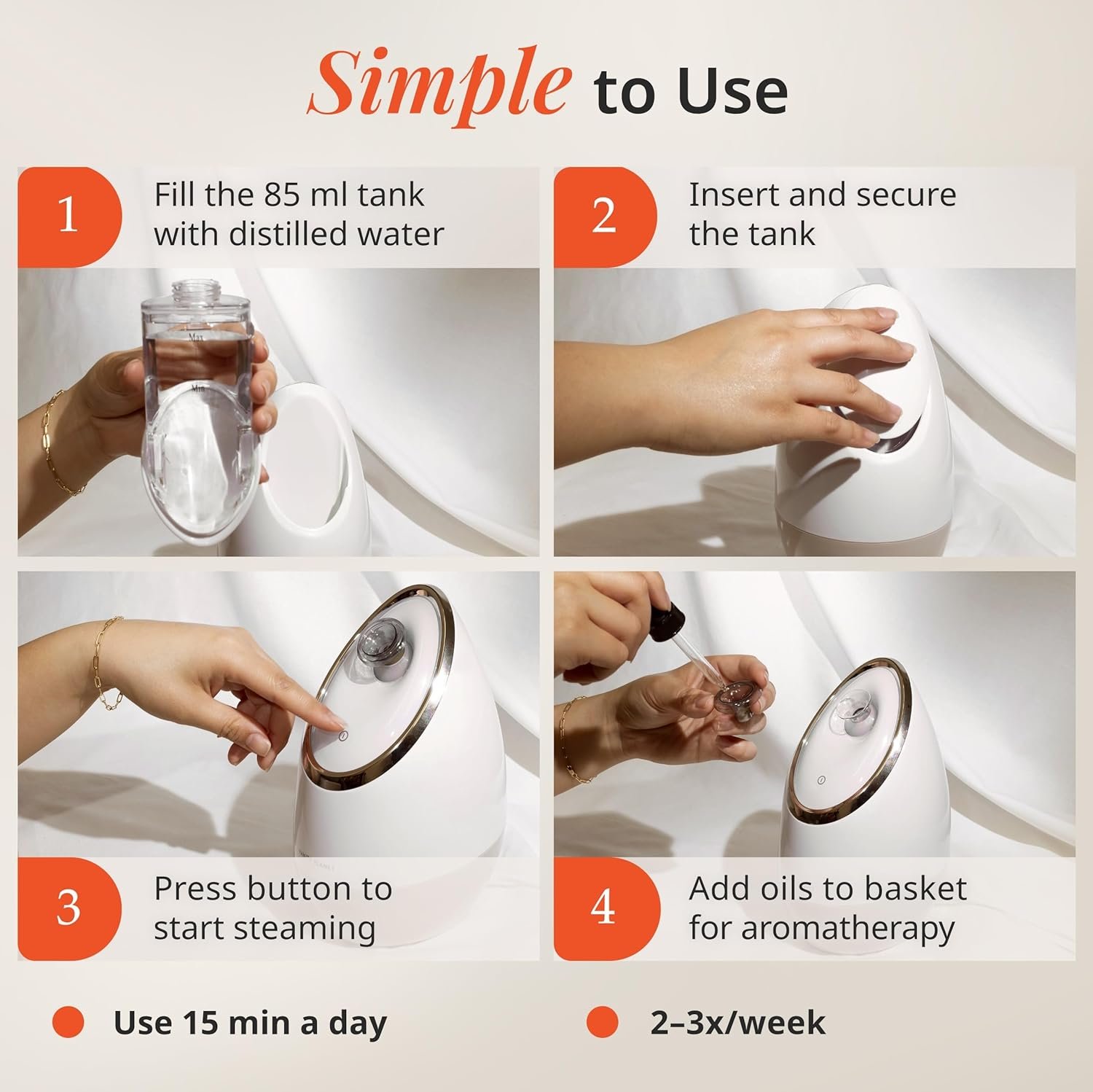 A soft-beige Vanity Planet Aira Ionic Facial Steamer on a clean countertop, with a gentle mist rising from the adjustable nozzle, surrounded by a towel and skincare products.