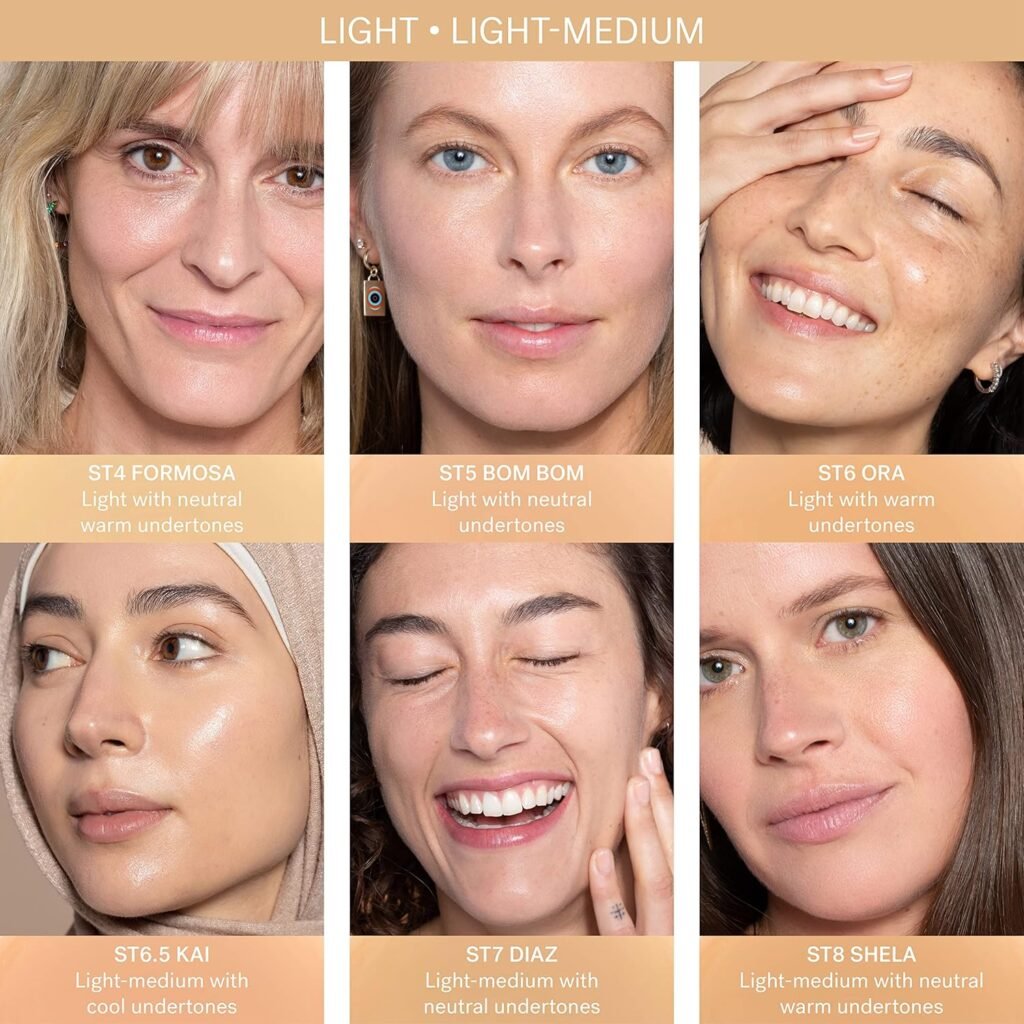 A bottle of ILIA Super Serum Skin Tint SPF 40 in the shade "Bom Bom" lying on its side next to a few pumps of the liquid tint on a white surface, highlighting its lightweight texture.

